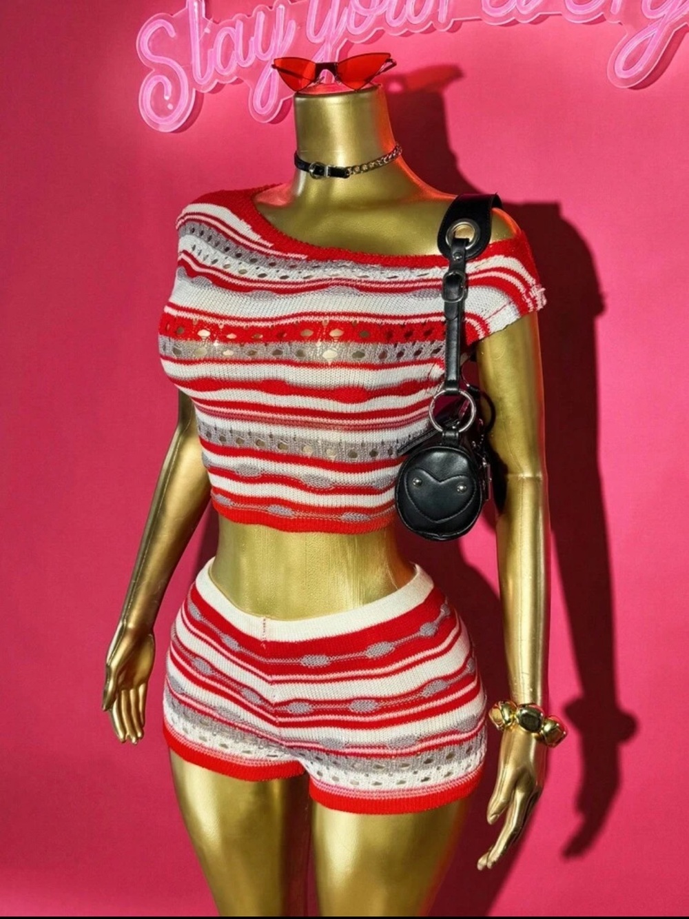 Red & White Striped Knit Crop Top + Shorts Set